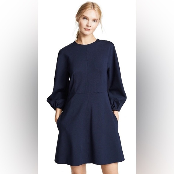 Tibi/ Bond Stretch Sculpted Button-Back Mini Dress navy blue long sleeve 2 - Picture 6 of 11